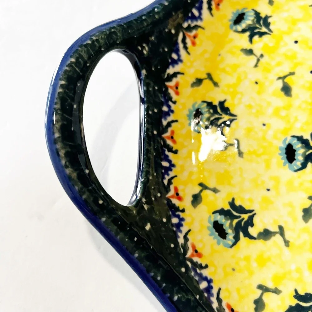 Boleslawiec Polish Pottery Yellow Blue Round Serving Tray w/ Handles Coneflower